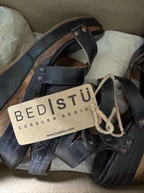 Bed Stu Black and Brown Platform Sandals with Rivet Straps